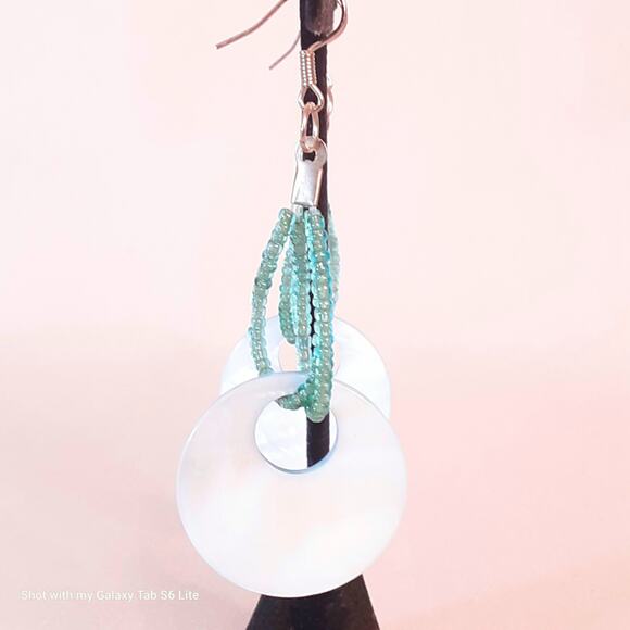 60s Style Dangle Drop Earrings Poweder Blue Iridescent Discs On Seed Bead Loops - Picture 2 of 6